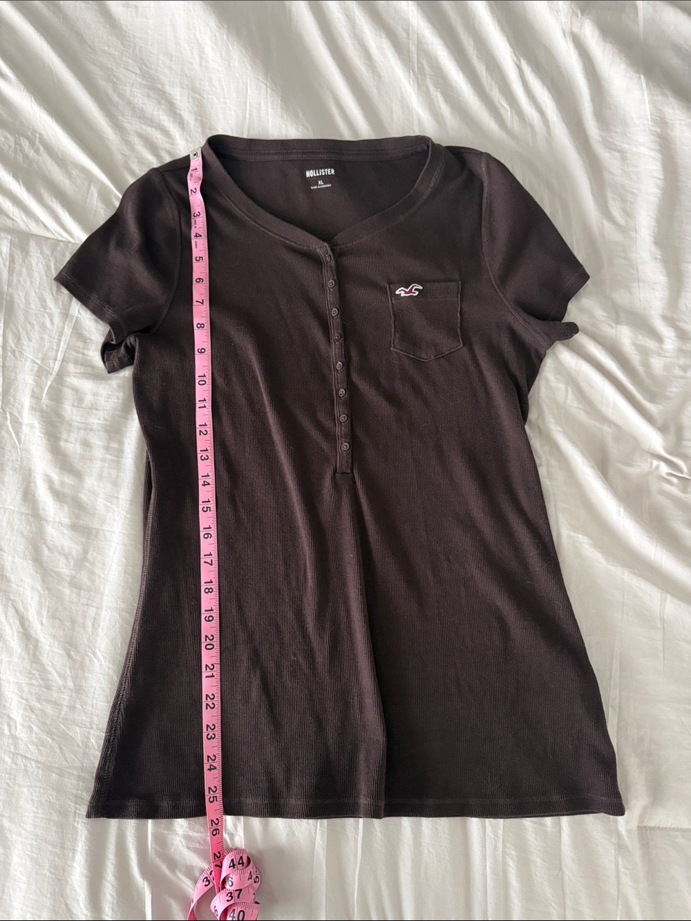Hollister Women's Short Sleeve Henley Tee - Dark Brown - Picture 2 of 3